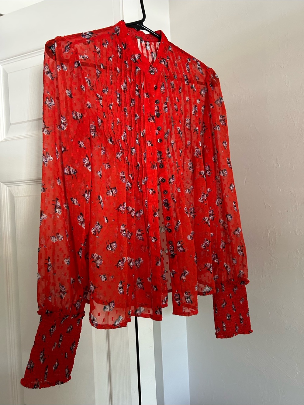Free People Bright Red Floral Pintuck Button-Front Blouse